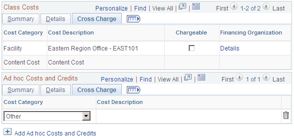 Class Costs: Cross Charge tab