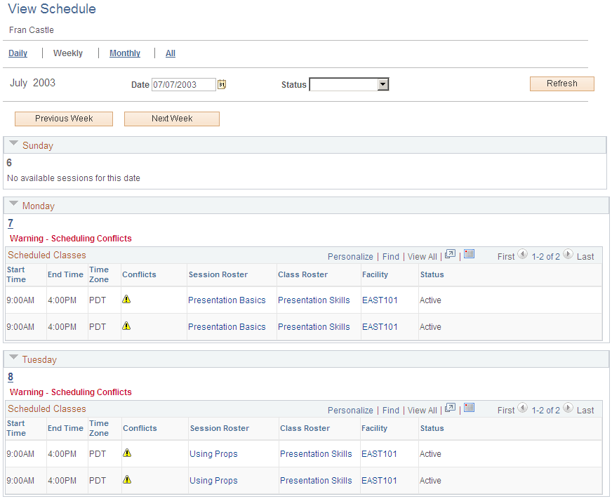 View Schedule: Weekly page (1 of 2)