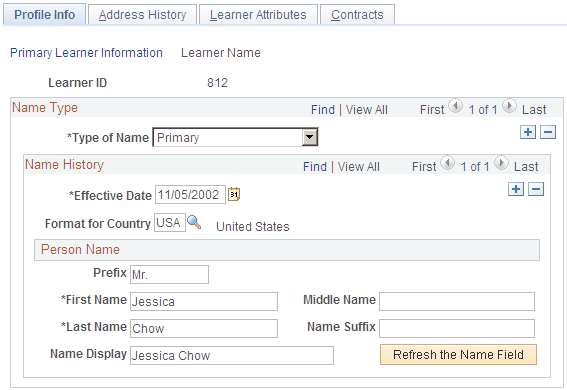 Profile Info: Learner Name page