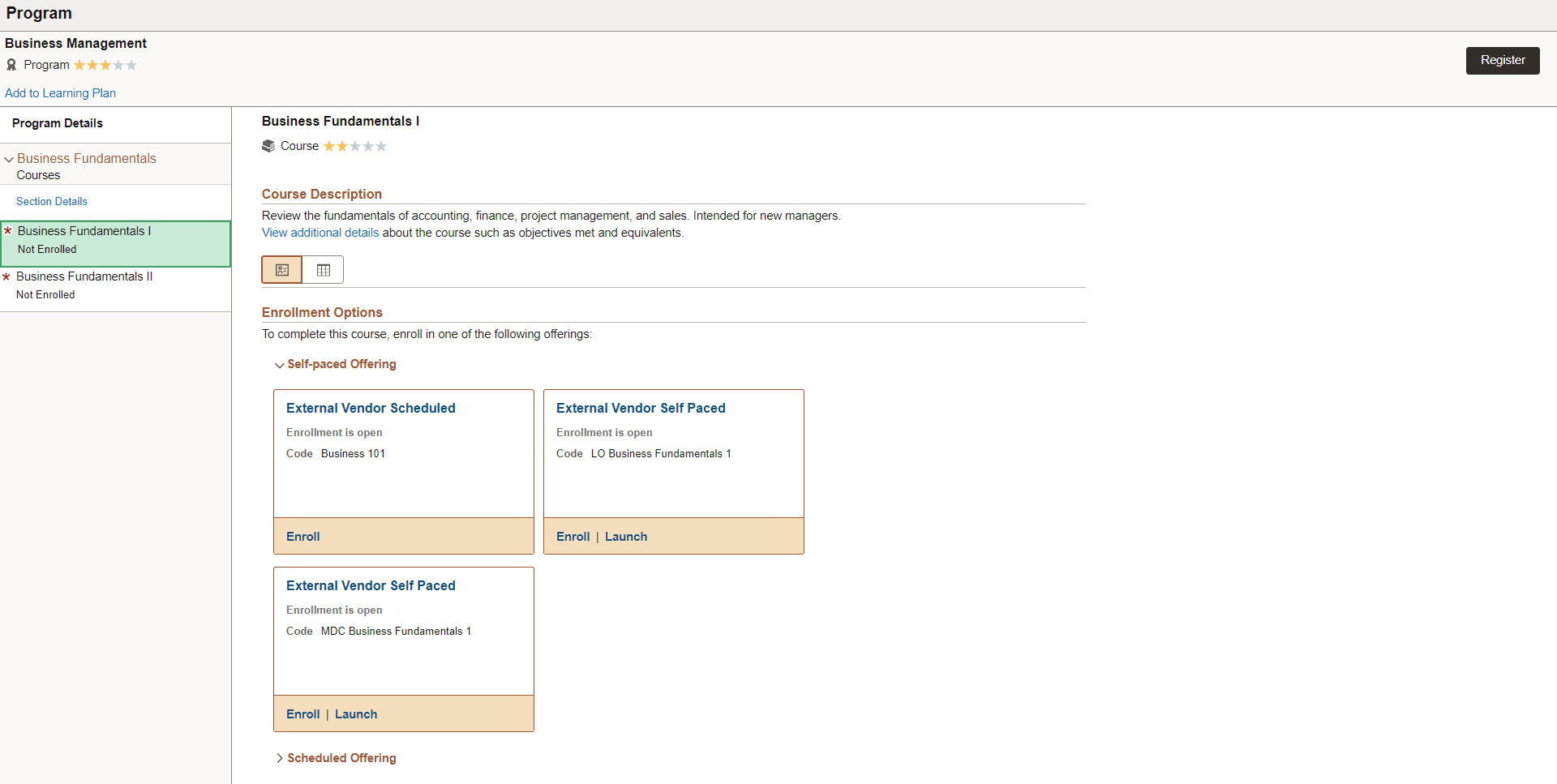Example of the Program page with a course selected in the left pane