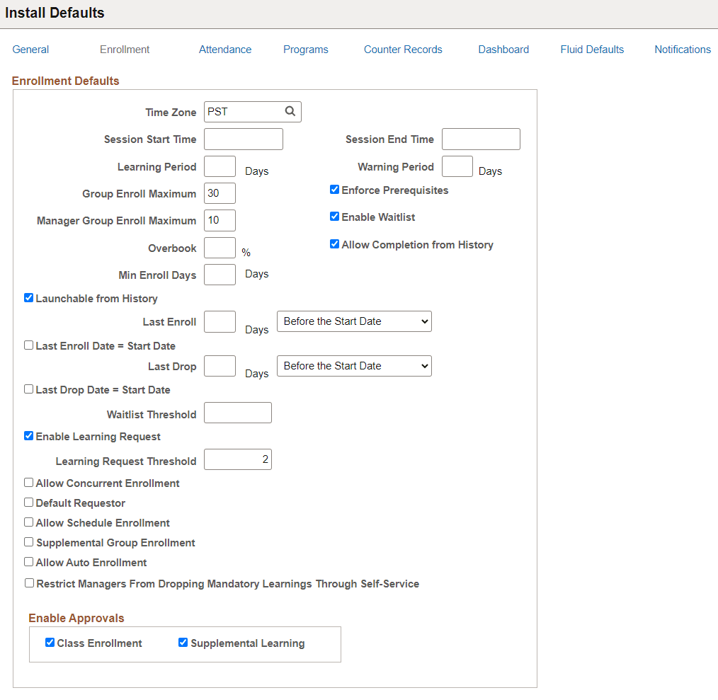 Install Defaults - Enrollment Tab