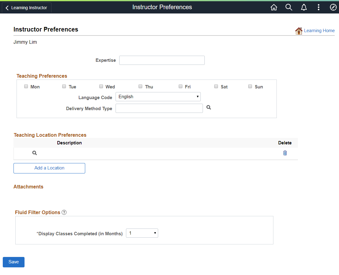 Instructor Preferences page