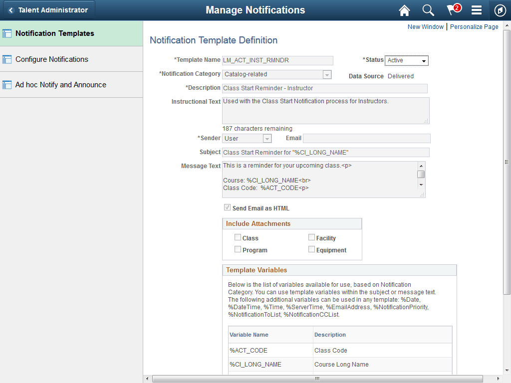 Manage Notifications application start page