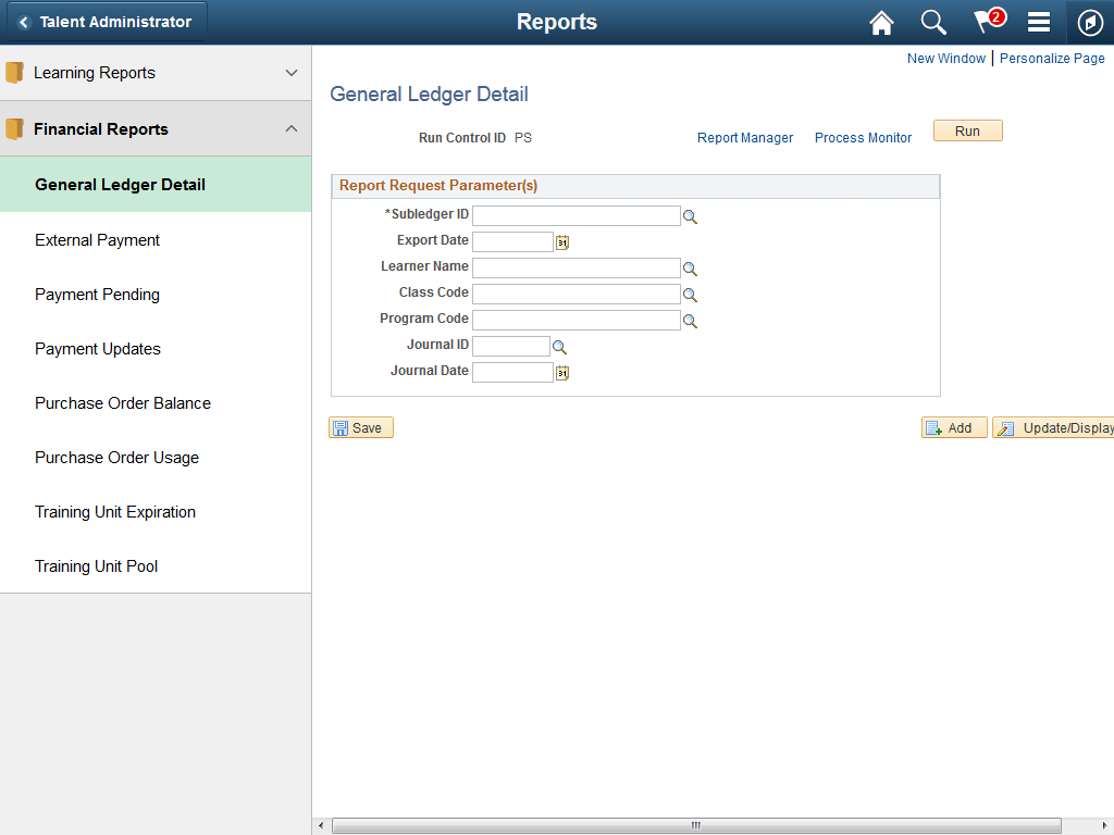 Reports application start page