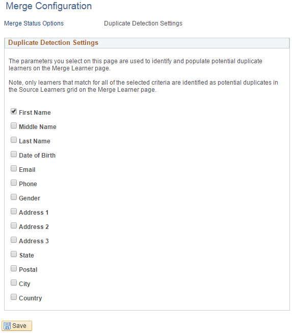 Merge Configuration - Duplicate Detection Settings page