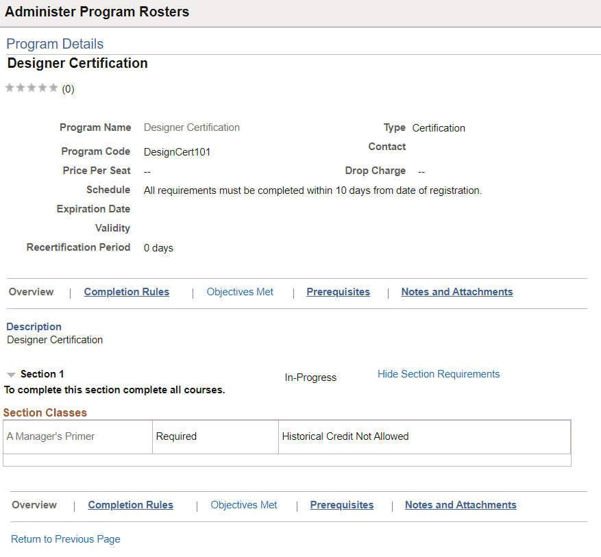 Program Details page in Administer Program Rosters
