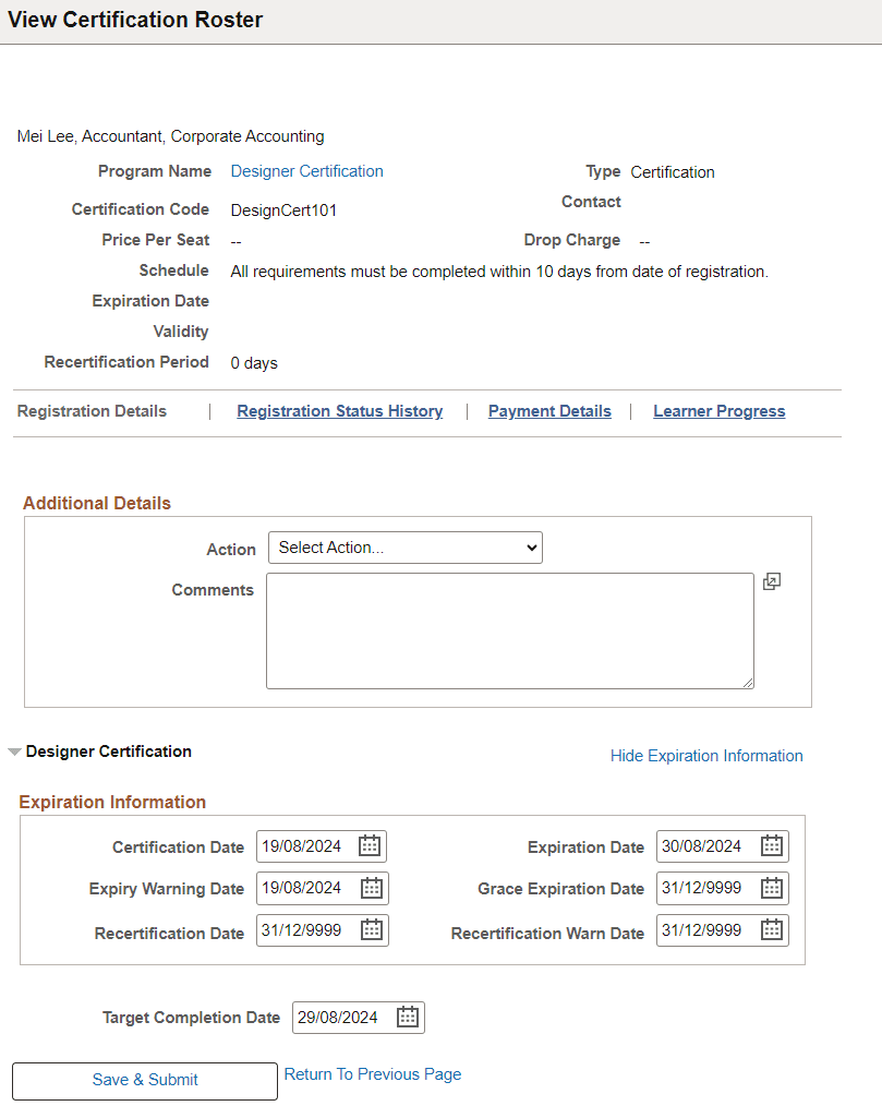 Learner Details Page of View Certification Roster
