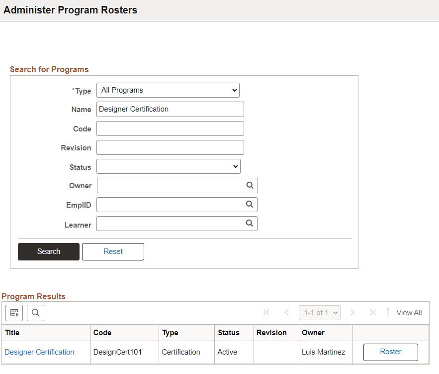 Search page of Administer Program Rosters