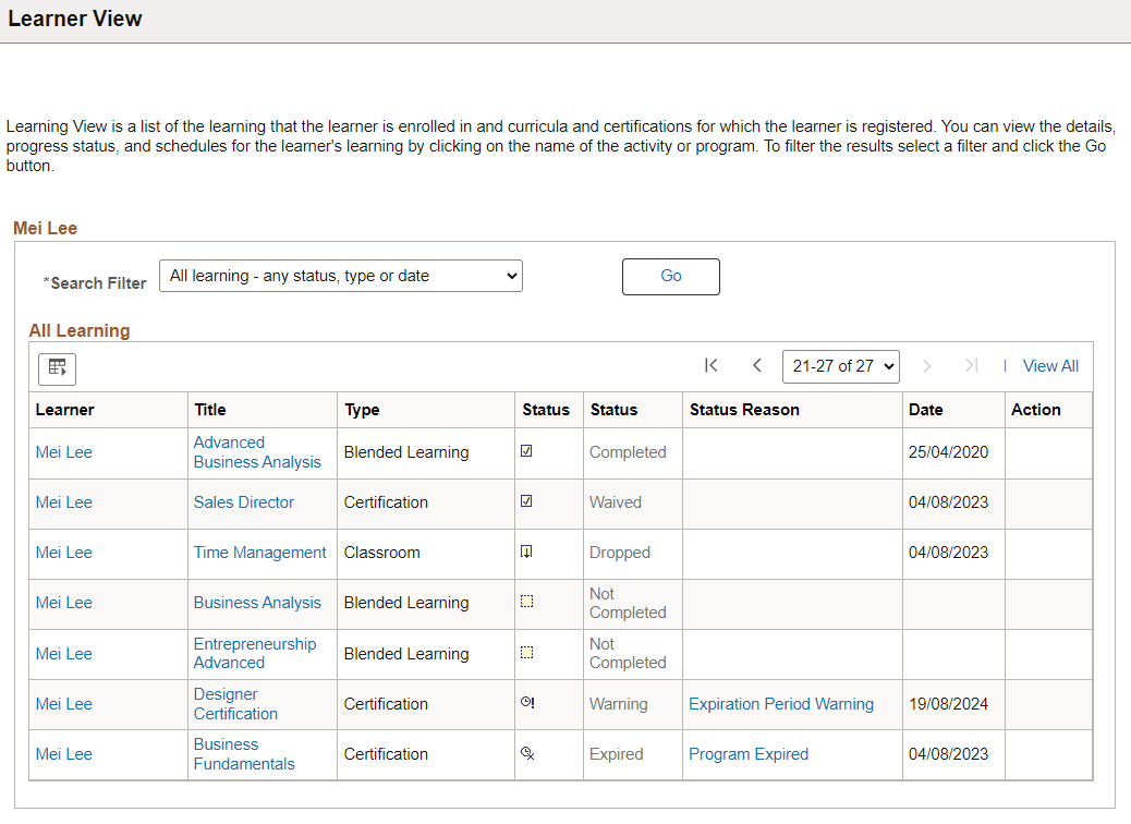 Learner View page of View All Learning