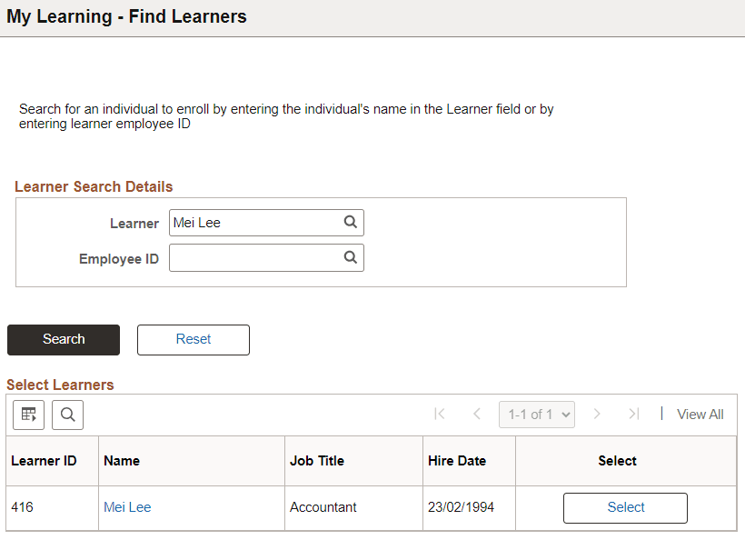 Find Learners page of View All Learning