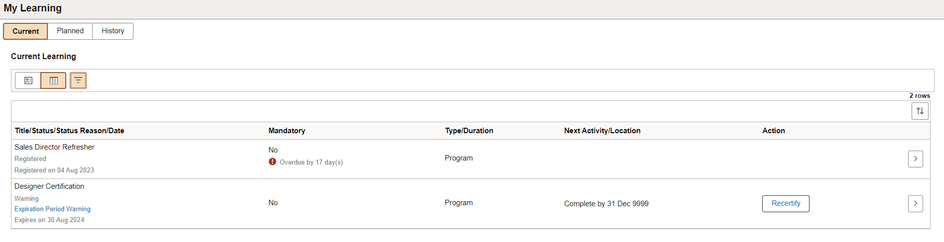 Grid View of My Learning page in ESS
