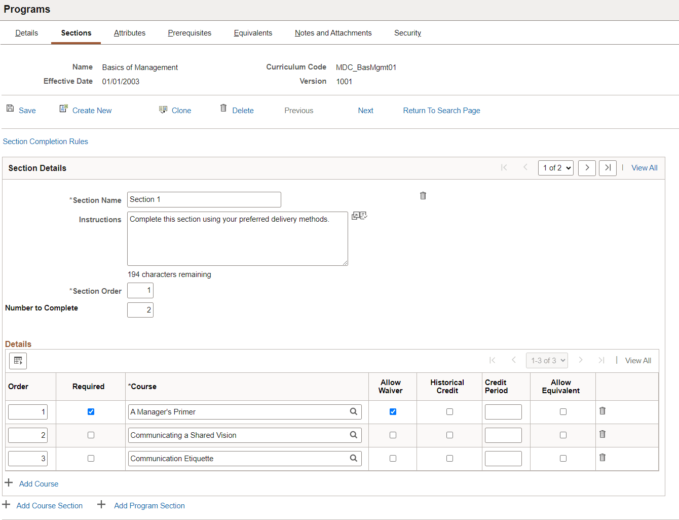 Sections page of Programs
