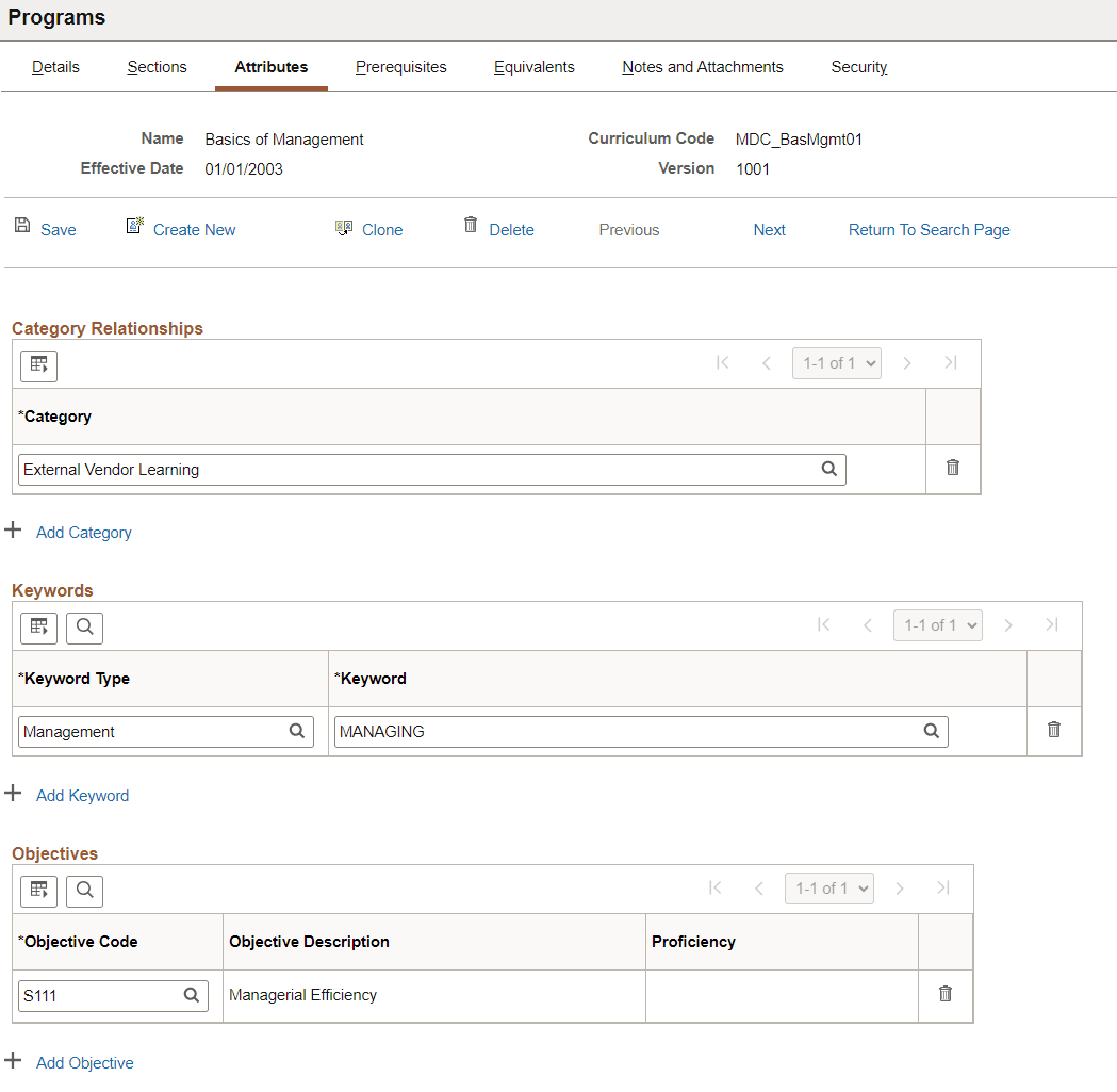 Attributes page of Programs