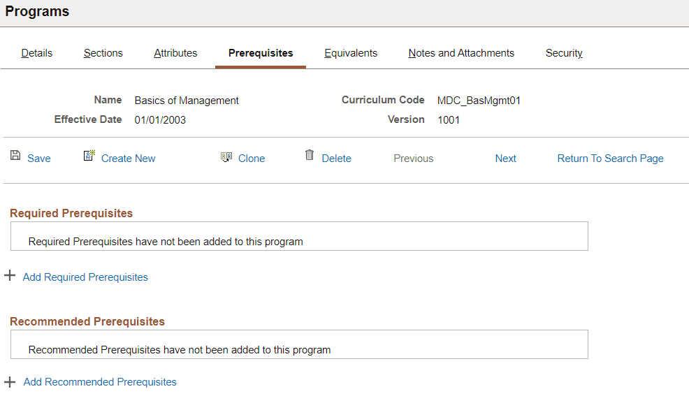 Prerequisites page of Programs