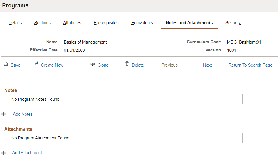 Notes and Attachments page of Programs