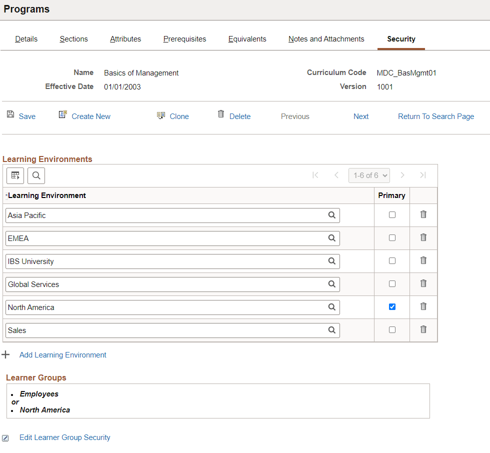 Security page of Programs