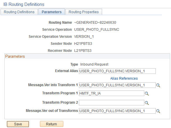 Example of the IB Routing Definitions - Parameters page