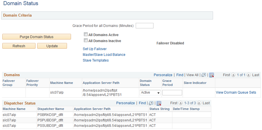 Example of the Domain Status page for an ELM environment