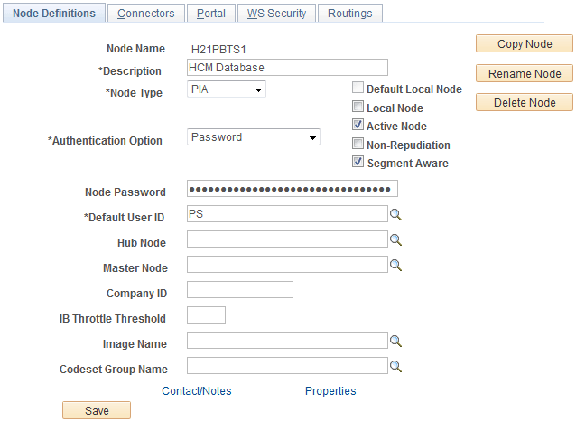 Example of the Node Definitions page for the remote HCM node