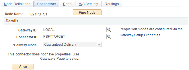 Example of the Connectors page for the local ELM node