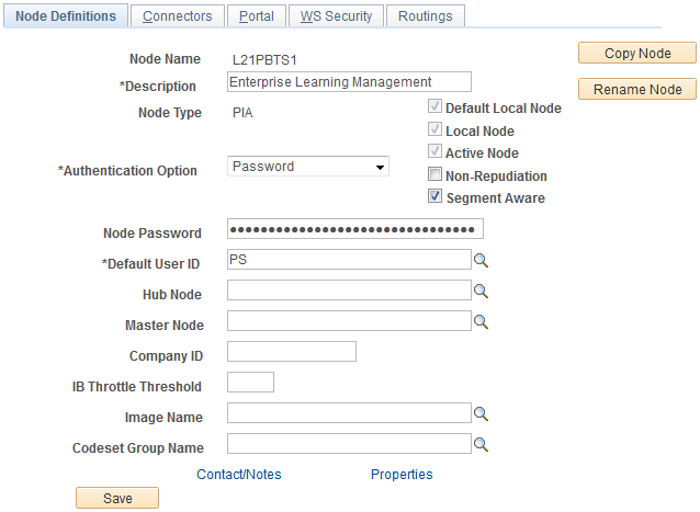 Example of the Nodes Definitions page for the local ELM node