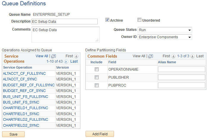 Queue Definitions page