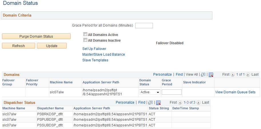 Example of the Domain Status page for an HCM environment