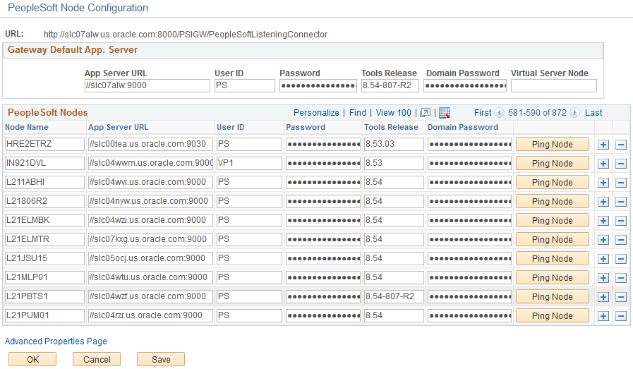 PeopleSoft Node Configuration page