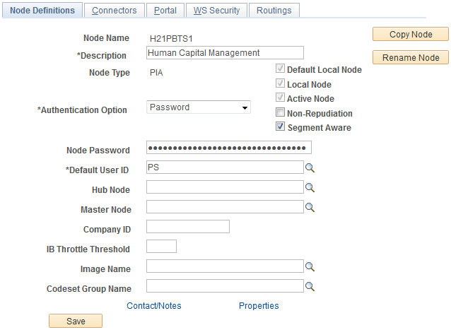 Example of the Nodes Definitions page for the local HCM node