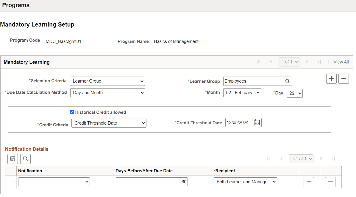 Mandatory Learning Setup Page