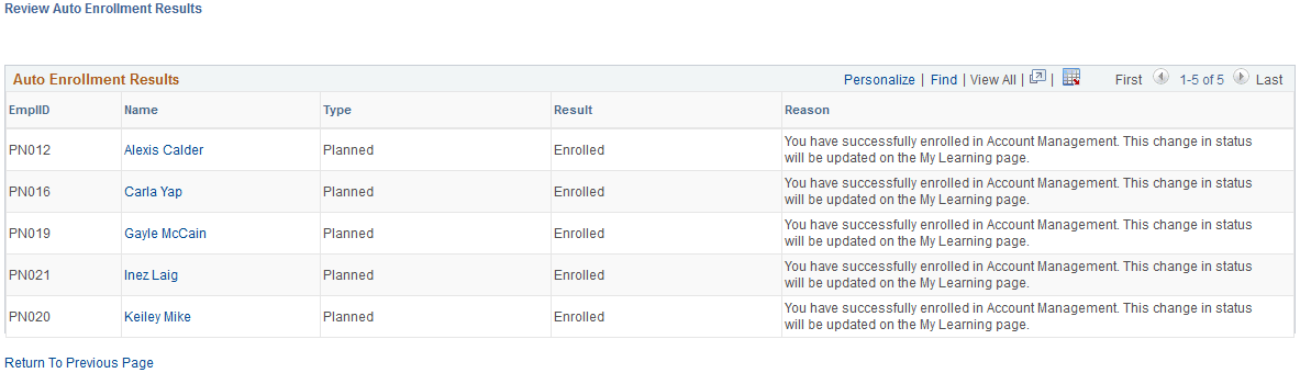 Review Auto Enrollment Results page