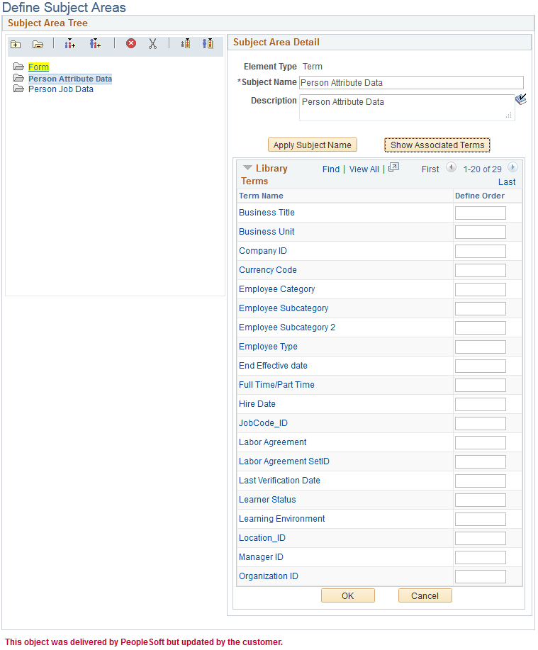 Define Subject Areas page