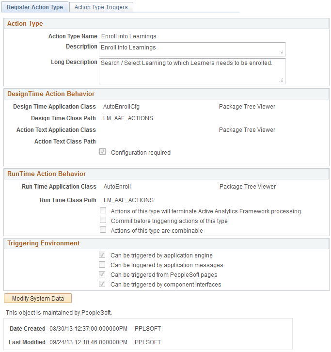 Register Action Type page