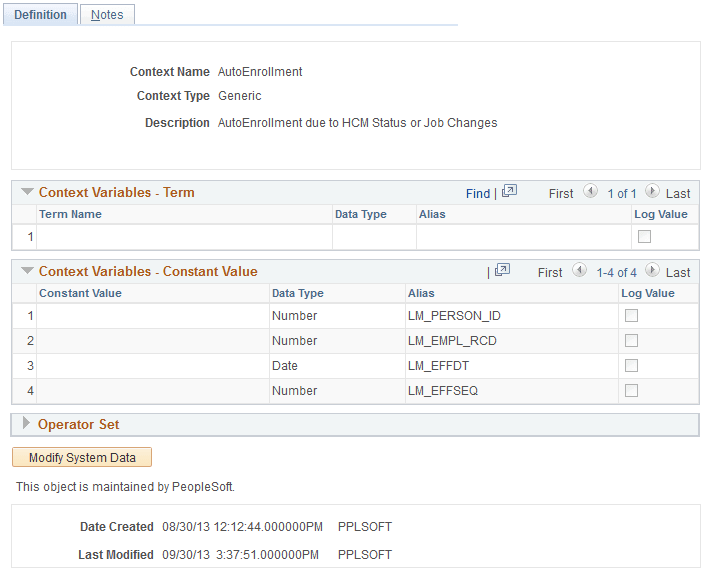 Manage Context Object - Definition page