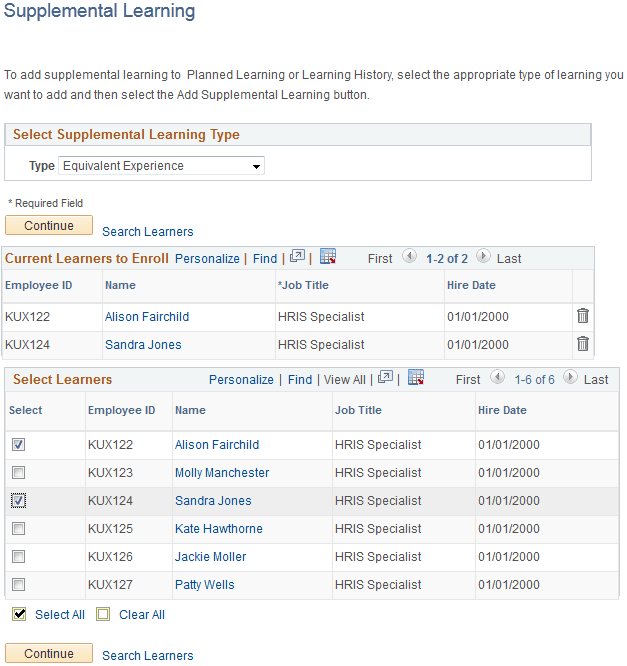 Supplemental Learning (select type) page with supplemental group enrollment enabled
