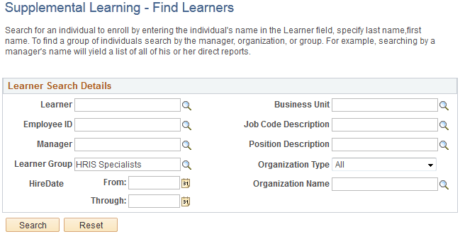 Supplemental Learning - Find Learners page with supplemental group enrollment enabled