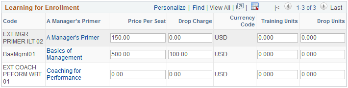 Learning for Enrollment grid for the Payment Details page