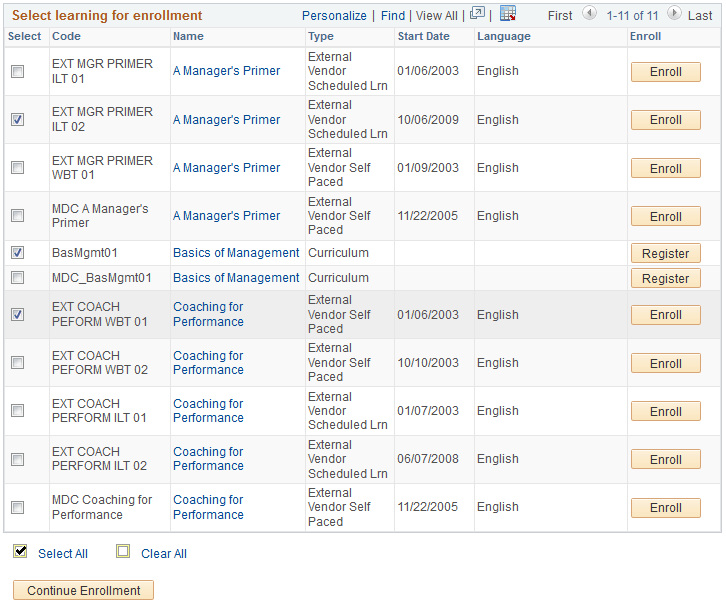 Select learning for enrollment grid with multiple learning object enrollment enabled