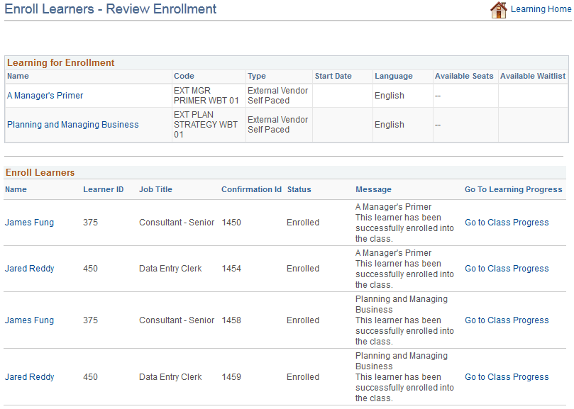 Enroll Learners - Review Enrollment (confirmation) page