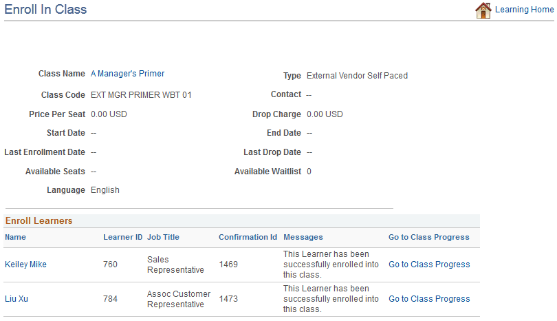 Enroll in Class (confirmation) page