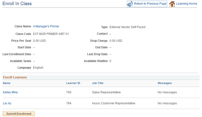 Enroll in Class page