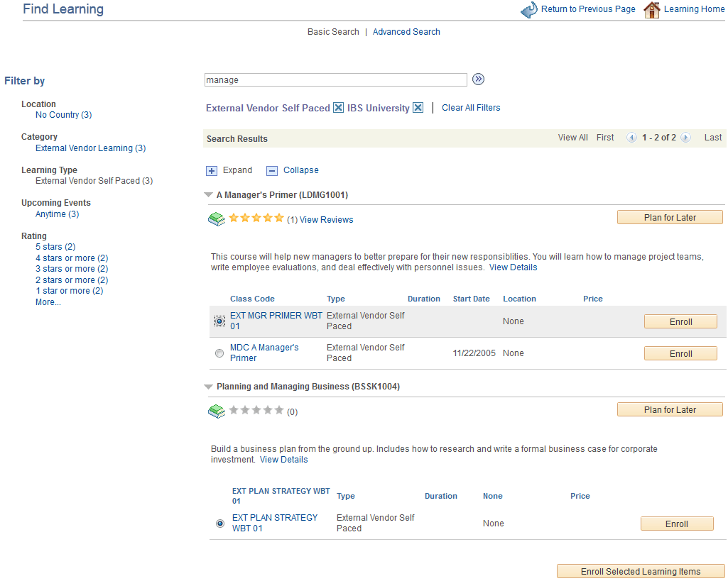 Example of the Find Learning page accessed by a manager with enrollment in multiple learning objects enabled