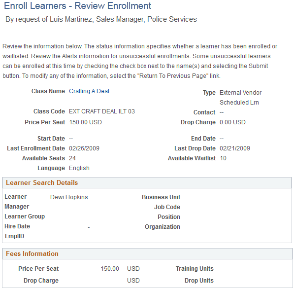 Enroll Learners - Review Enrollment page (1 of 2)