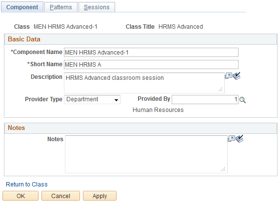 Maintain Classes - Component page