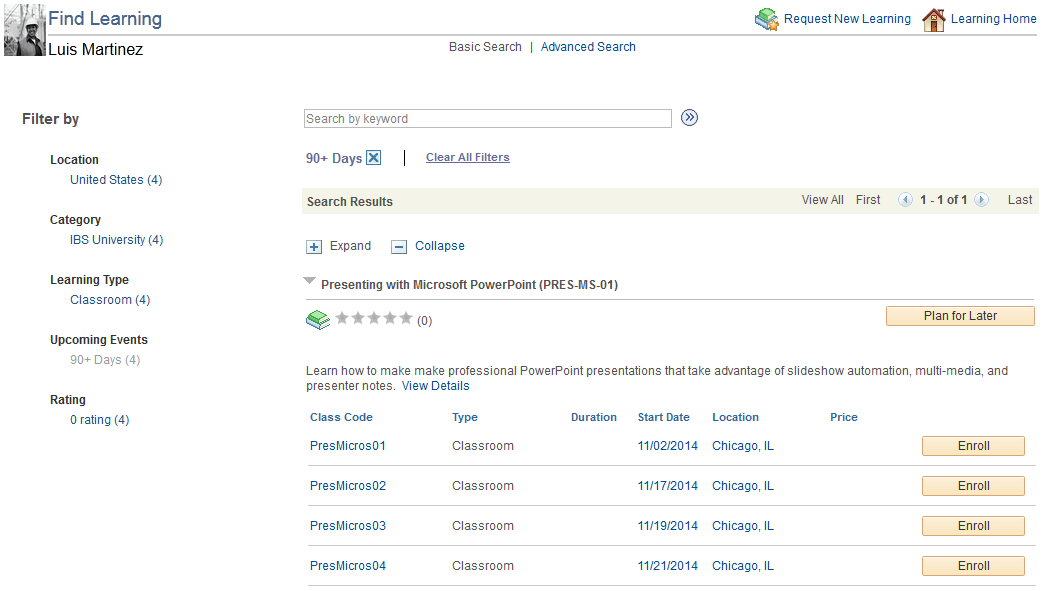 Example of search results filtered using the Upcoming Events facet