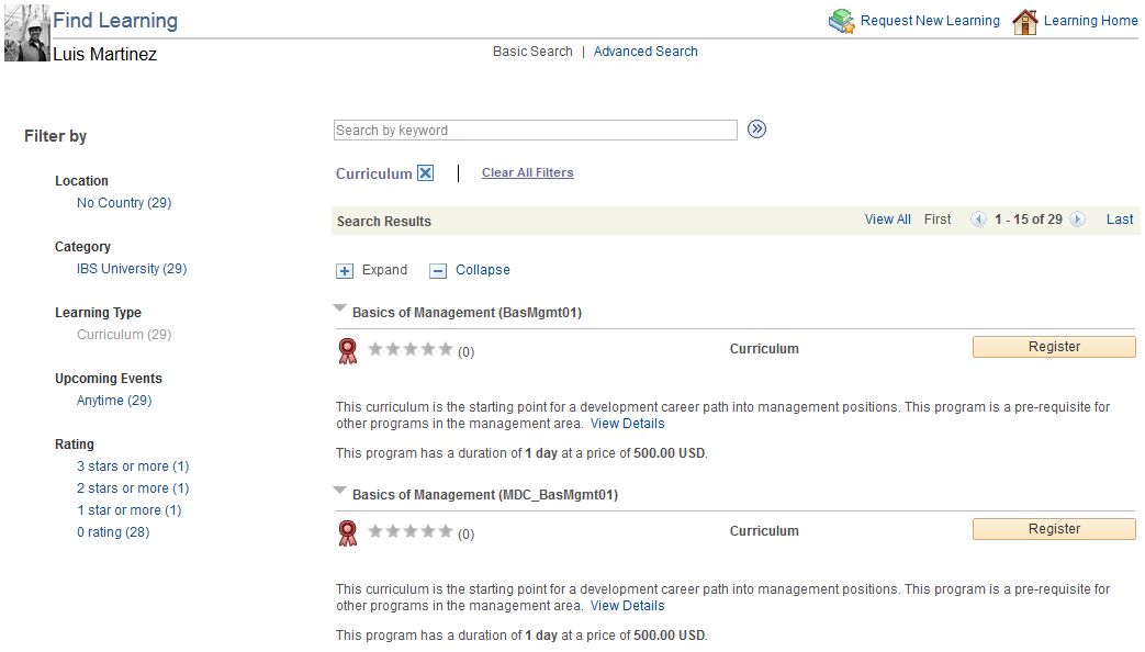 Example of search results filtered using the Learning Type facet