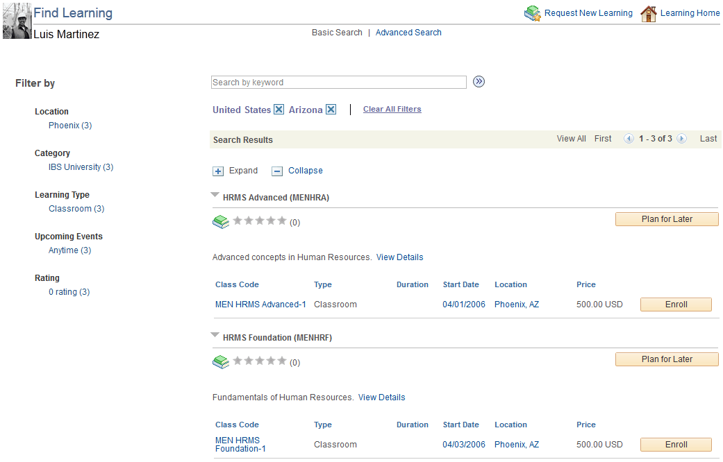 Example of search results filtered using the Location facet