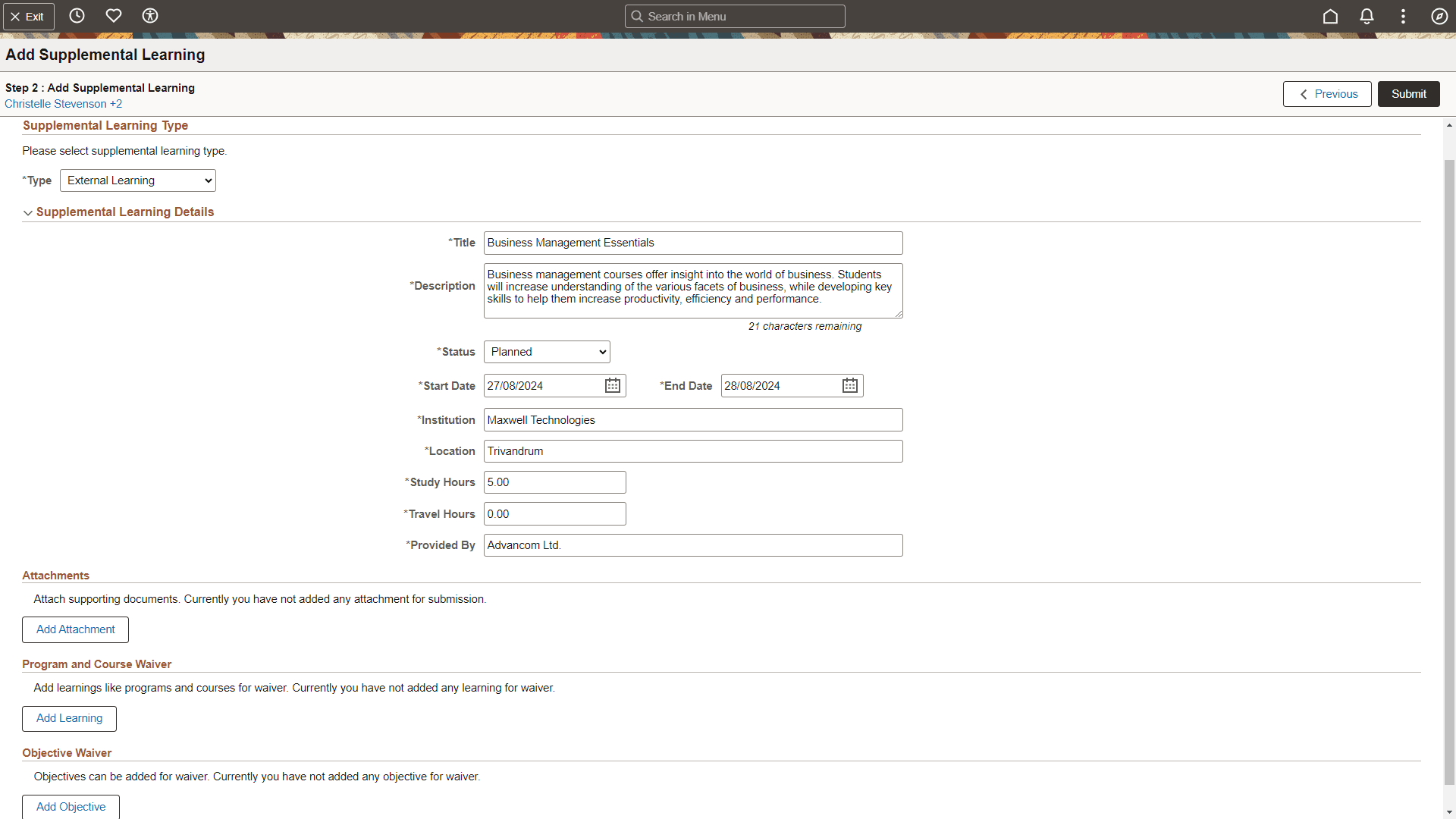 Step 2 of Add Supplemental Learning