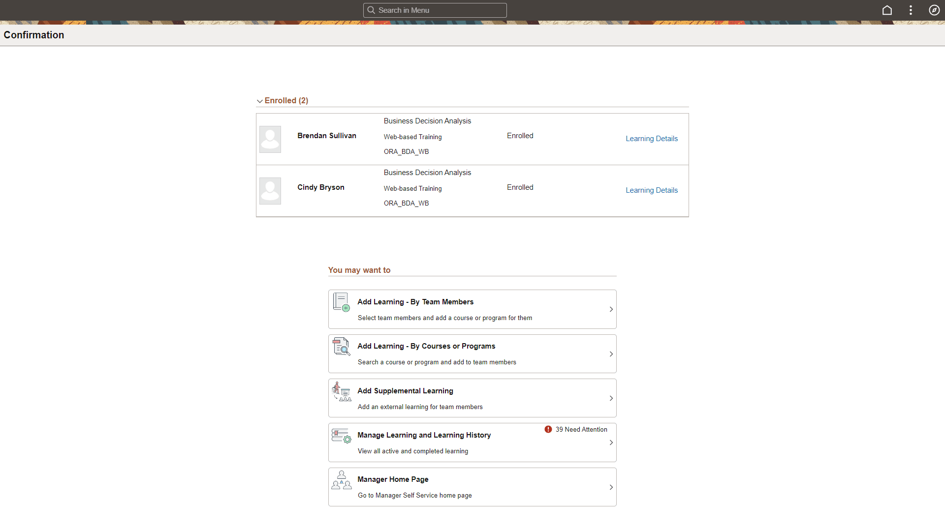 Confirmation screen for course (enrolled)
