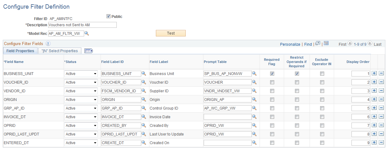 Configure Filter Definition page
